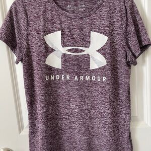 Under Armour small, short sleeve, purple/white tee